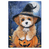 Poodle Dog Canvas Wall Art Cute Puppy in Witch Hat and Pumpkin Fall Indoor Decor for Dog Lovers on Ready to Hang 1.5" Thick Canvas Wrap, Floating Framed Canvas, Flat Rolled Canvas